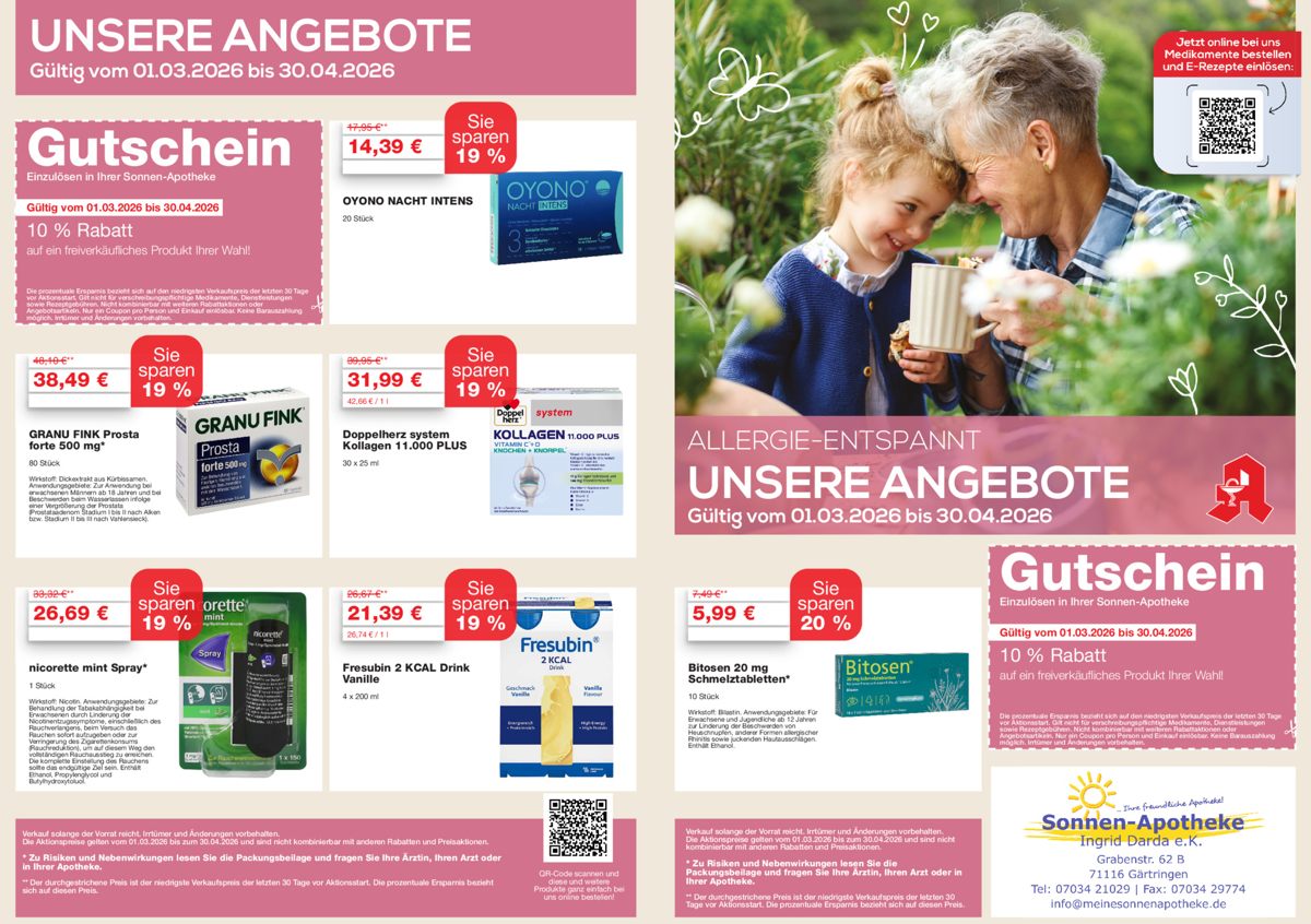 Angebotsübersicht der Sonnen-Apotheke Gärtringen mit Winter-Aktionspreisen für Erkältungsmedikamente, Rabatt-Gutscheinen sowie QR-Code zur Online-Vorbestellung über die Apotheke
